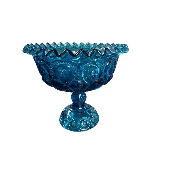 Vintage LE Smith Blue Moon and Stars Glass Ruffle Pedestal Compote Bowl Dish - Picture 1 of 7